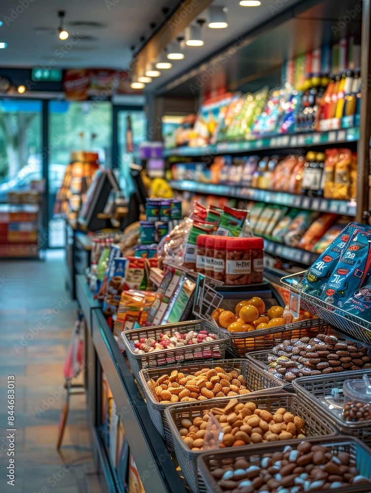 Clean and Organized Drugstore Checkout Area with Cashier Counter, Shopping Baskets, and Tempting Impulse Buy Items Clean and Organized Drugstore Checkout Area with Cashier Counter, Shopping Baskets, and Tempting Impulse Buy Items