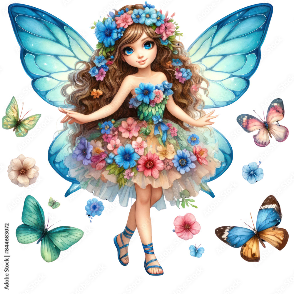 Beautiful fairy with blue wings surrounded by colorful butterflies and flowers, Transparent background Beautiful fairy with blue wings surrounded by colorful butterflies and flowers, Transparent background