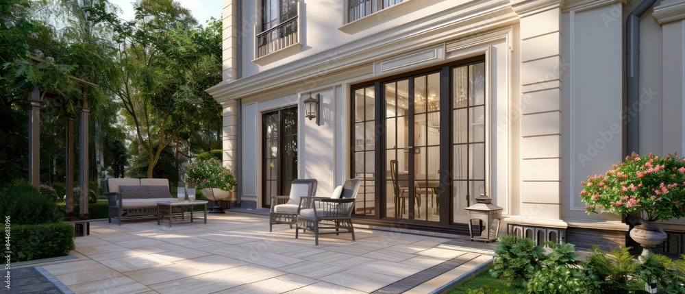 modern classic house boasts a terrace area adorned with chic garden furniture, creating an inviting outdoor retreat modern classic house boasts a terrace area adorned with chic garden furniture, creating an inviting outdoor retreat
