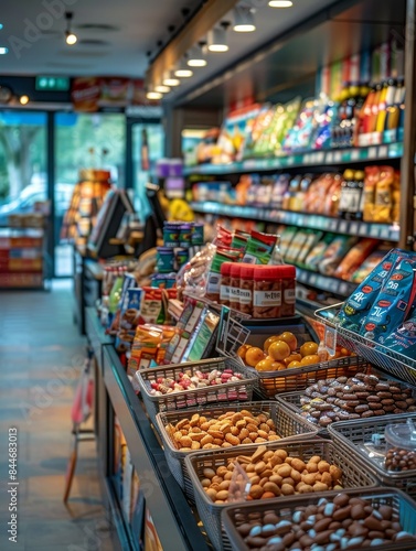 Wallpaper Mural Clean and Organized Drugstore Checkout Area with Cashier Counter, Shopping Baskets, and Tempting Impulse Buy Items Torontodigital.ca