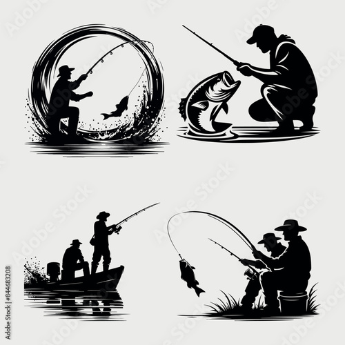 Fishing silhouette Flat design fish, fisherman, Generative Ai