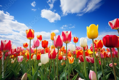 Sun-kissed Tulips summer field. Floral summer. Generate Ai