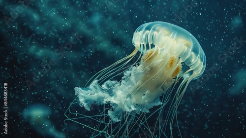 Bioluminescent jellyfish floating in deep sea