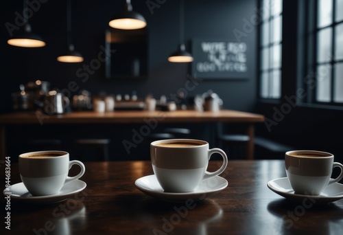 Several cups of coffee on a table in a cafe in the early morning.  Blurred background. Studio style shooting. Banner  background  postcard. Copy space.