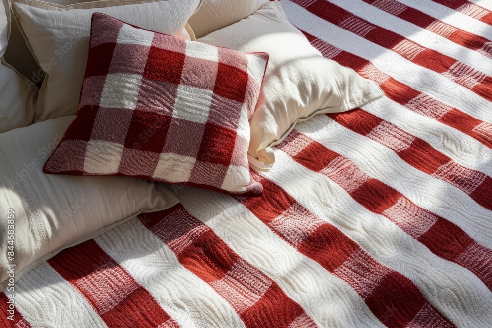There are pillows and bed linen in a red and white checkered pattern on the bed. Delicate bedding There are pillows and bed linen in a red and white checkered pattern on the bed. Delicate bedding