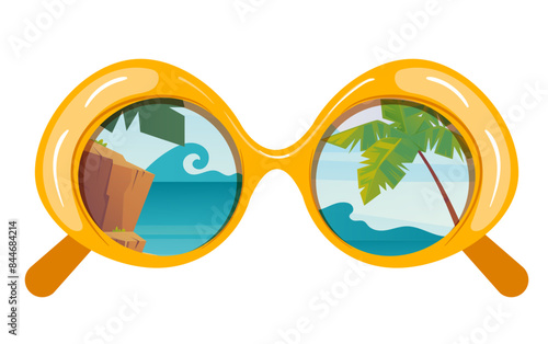 Summer sunglass with beach resort reflection isolated concept. Vector flat graphic design illustration