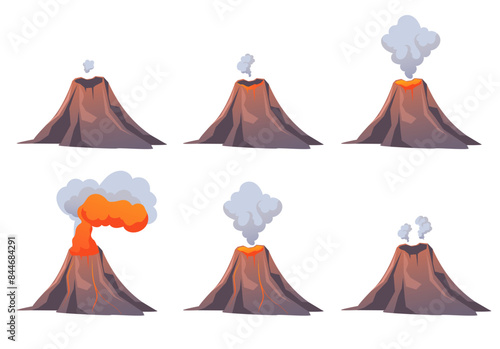 Volcano eruption steps isolated set. Vector graphic design illustration
