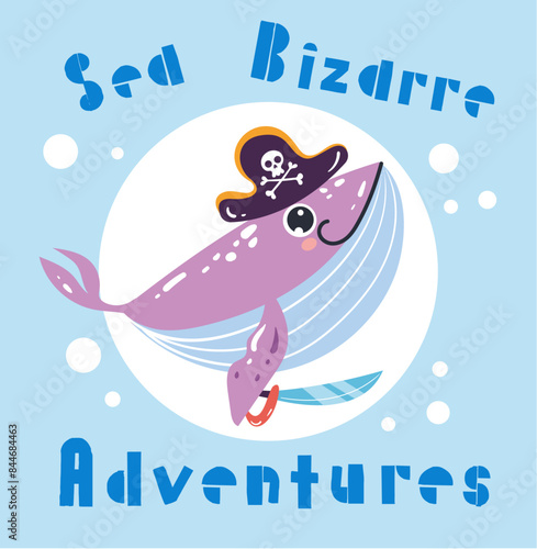 Sea animal caharacter pirate adventure isolated concept. Vector design graphic illustration photo