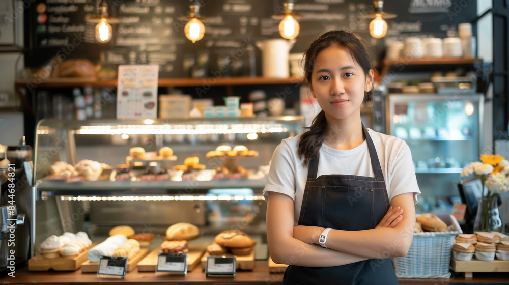 Startup small business owner female unemployed entrepreneur standing at bakery and coffee shop counter Startup small business owner female unemployed entrepreneur standing at bakery and coffee shop counter