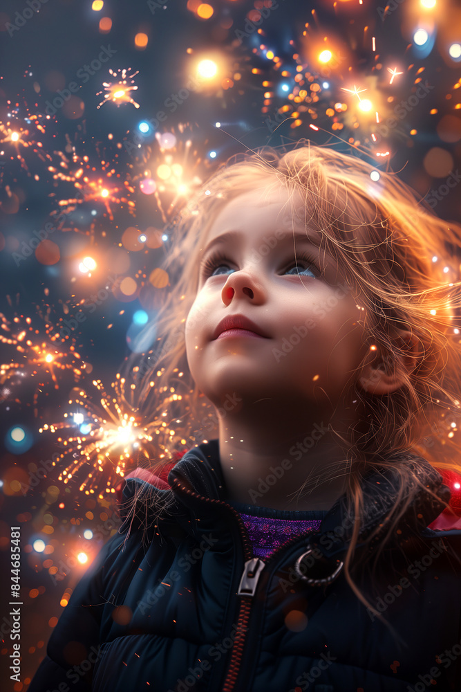 A portrait of a little girl looking of fireworks in the sky. A portrait of a little girl looking of fireworks in the sky.