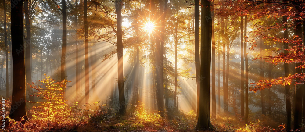 Naklejka premium Sun rays in the forest, autumn, tall trees, nature photography, realism, high resolution