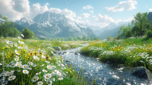 A serene meadow with wildflowers and a gentle stream flowing in the background. 