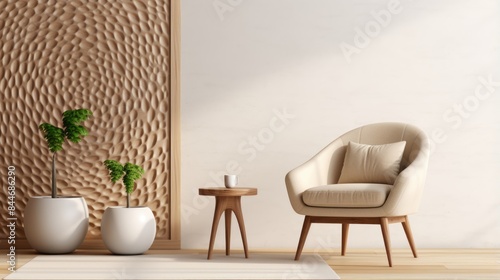 Armchair and wooden side table near white wall 