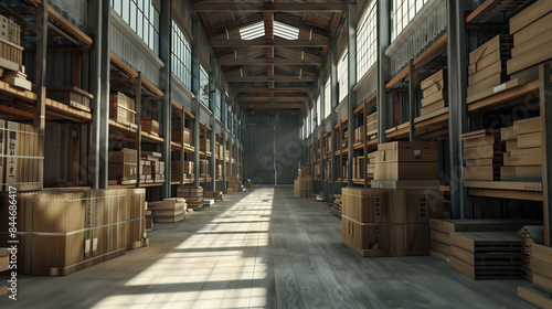 Wooden Japanese warehouse filled with goods. Background image. Created with Generative AI technology.