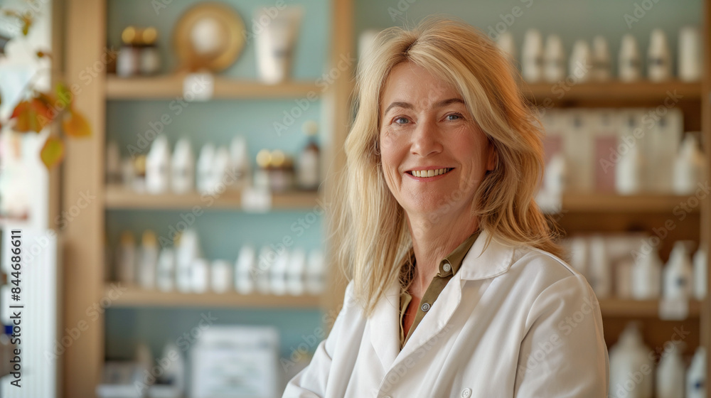 A 50-year-old Woman, profession: pharmacist, blond hair, blue eyes, front view, smiling, warm pharmacy décor A 50-year-old Woman, profession: pharmacist, blond hair, blue eyes, front view, smiling, warm pharmacy décor