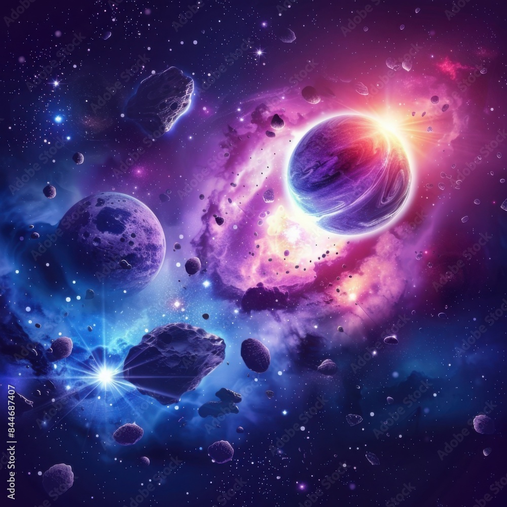 Obraz premium A cosmic scene featuring planets, asteroids, and a bright nebula