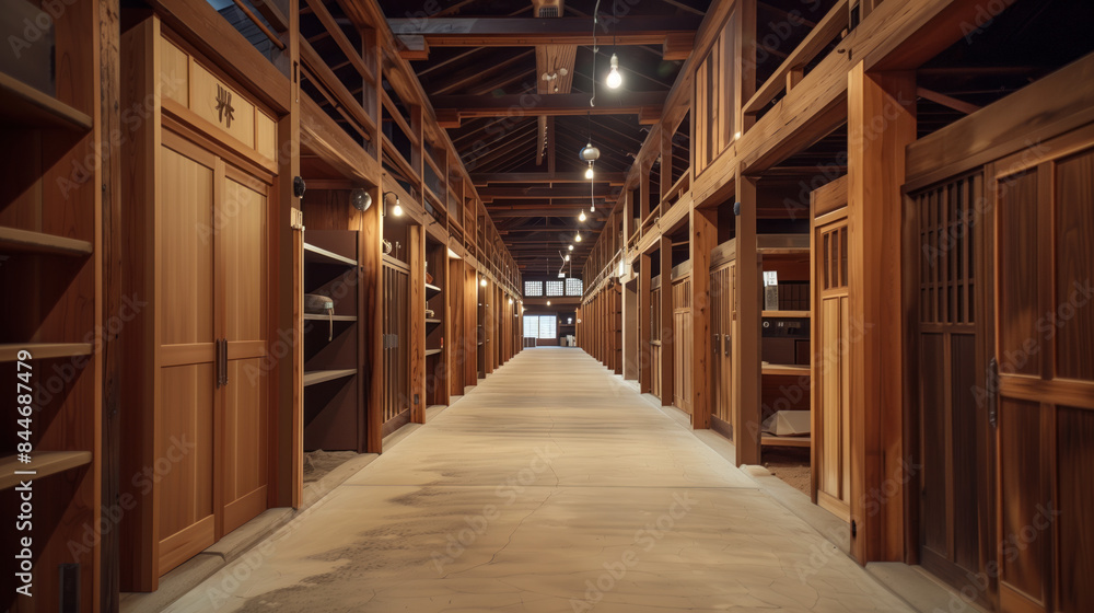 Wooden Japanese warehouse filled with goods. Background image. Created with Generative AI technology. Wooden Japanese warehouse filled with goods. Background image. Created with Generative AI technology.