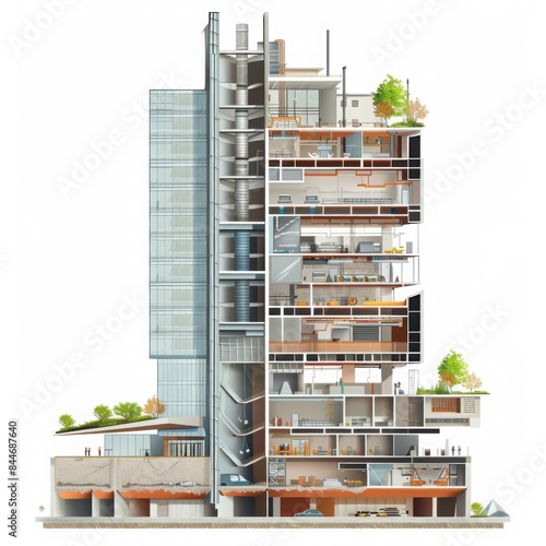 A cross-sectional view of a high-rise building with visible infrastructure and utilities