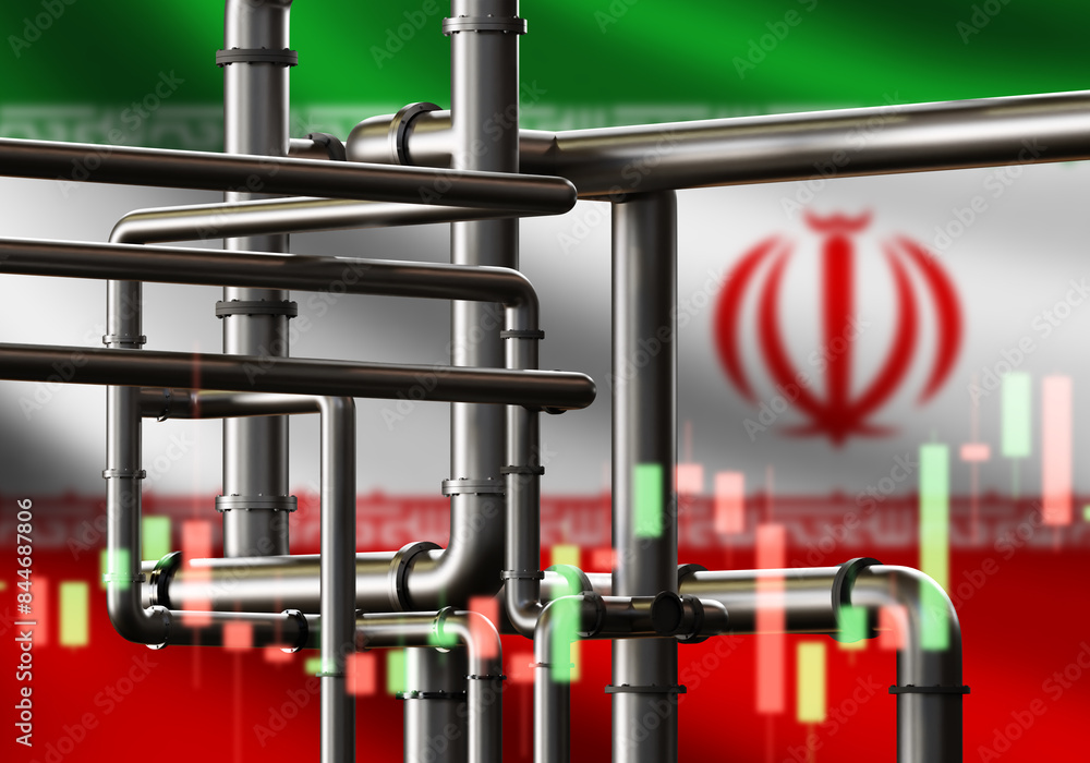 Industry of Iran. Quotes near factory pipes. Iran flag. Industrial