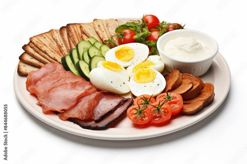Nutritious breakfast setup with eggs, smoked salmon, vegetables, and nuts on a white plate Nutritious breakfast setup with eggs, smoked salmon, vegetables, and nuts on a white plate