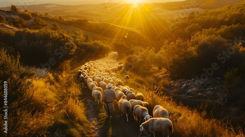 Shepherd Guiding Flock through Sun-Dappled Countryside Landscape