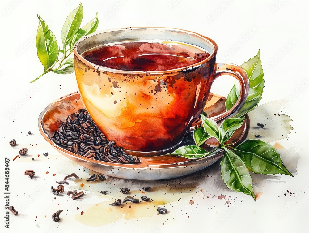 A steaming cup of tea on a saucer with green leaves and scattered tea leaves, captured in a serene, artistic composition. A steaming cup of tea on a saucer with green leaves and scattered tea leaves, captured in a serene, artistic composition.