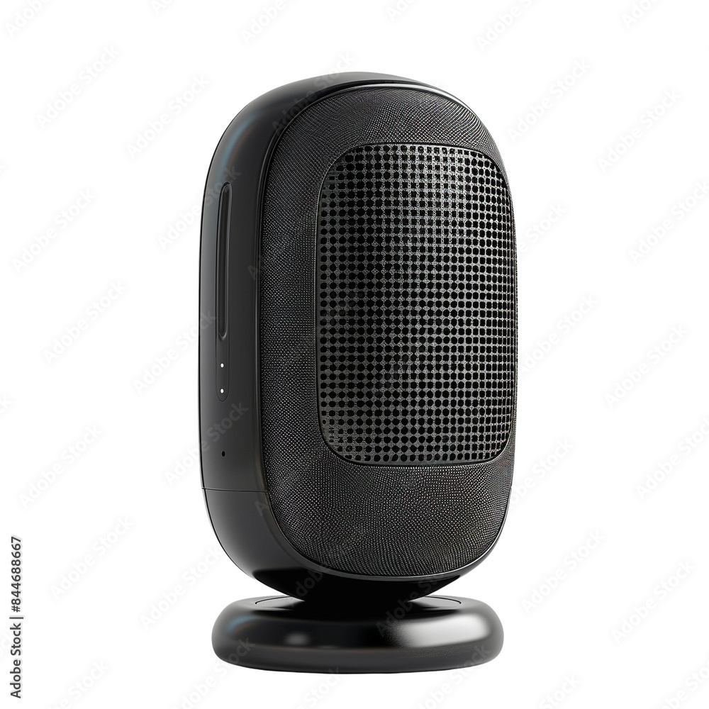 High-resolution image of a modern black portable speaker with a sleek design, isolated on a white background. High-resolution image of a modern black portable speaker with a sleek design, isolated on a white background.