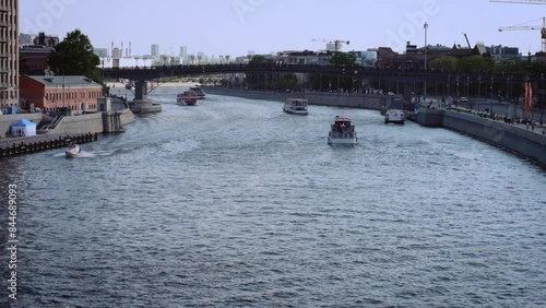 Red Square View with Ships Sail Along the Moscow River in Summer