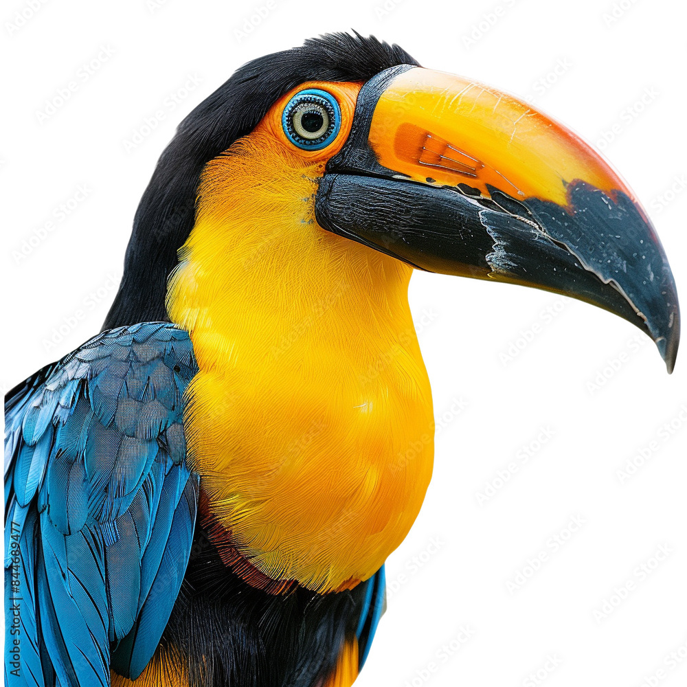 Naklejka premium Close-up of a colorful toucan with a vibrant beak and feathers, showcasing the beauty of tropical wildlife.