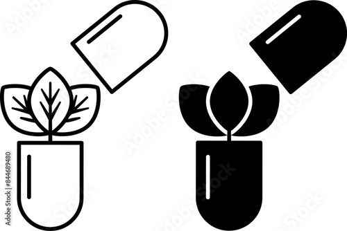 Organic Medicine icons. Black and White Vector Icons. Herbal Medicine, Natural Organic Supplements, Dietary Supplement. Healthy Lifestyle Concept