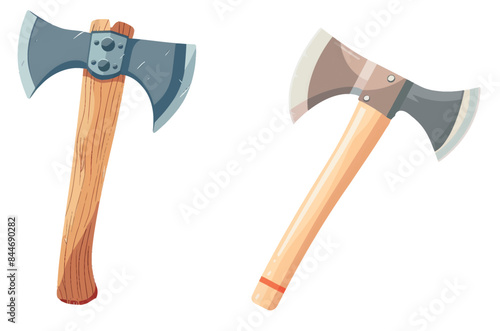 Modern illustration of a realistic axe with a metal head. Cartoon hatchet design with a wooden handle.