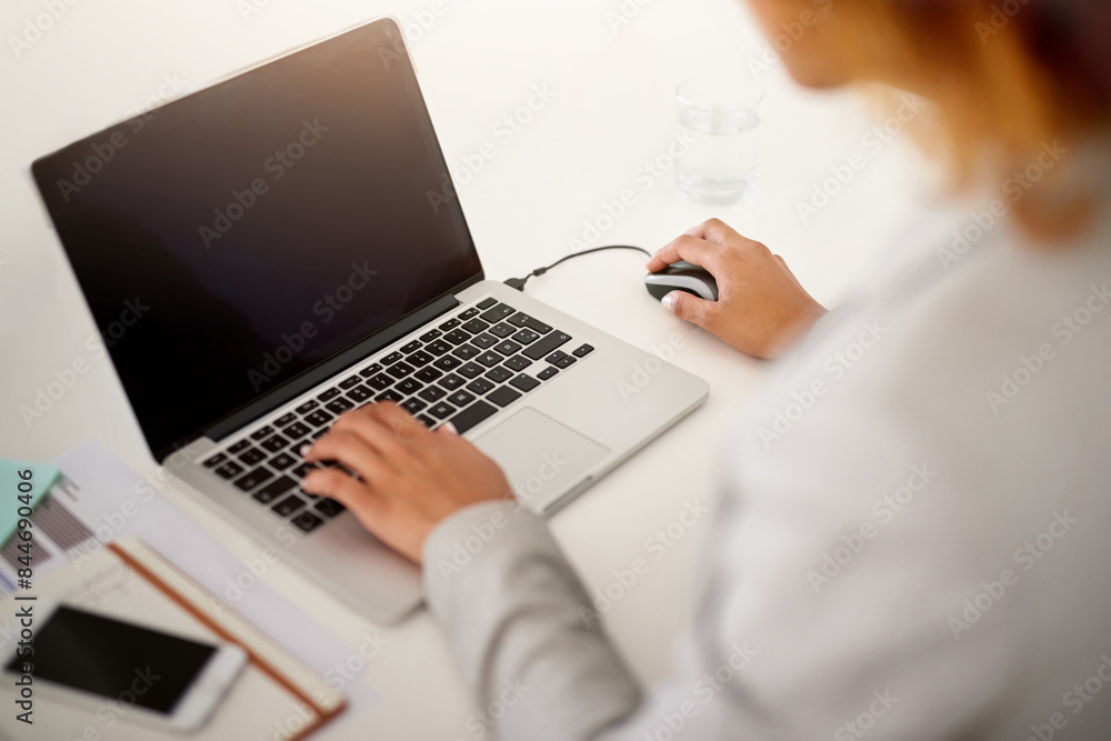 Hands, laptop and typing with copy space, blank and mockup for networking in modern office. Person, computer screen and click keyboard for search, reading and contact on web connection with empty ux Hands, laptop and typing with copy space, blank and mockup for networking in modern office. Person, computer screen and click keyboard for search, reading and contact on web connection with empty ux