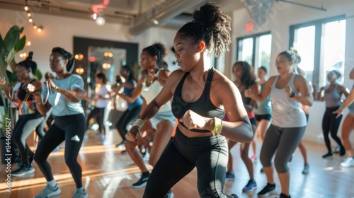 A diverse group of people participating in a fitness class in a bright, airy studio, promoting health and inclusivity. --ar 16:9 --style raw Job ID: 5e3ff951-c454-4426-a2bc-be57432247fe