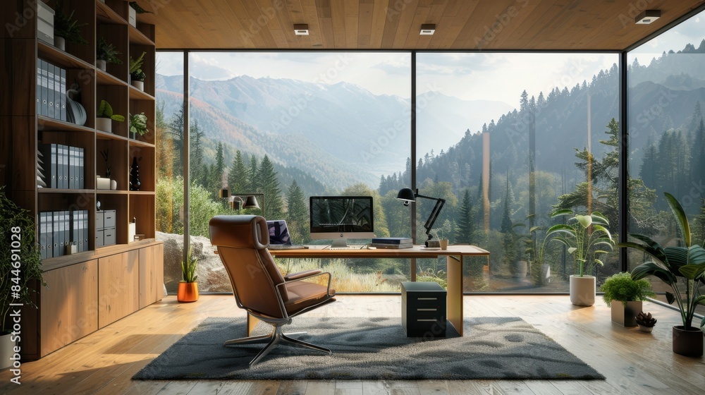 A stylish home office with a panoramic view of the mountains, showcasing the lifestyle of remote work in a serene, natural environment. - A stylish home office with a panoramic view of the mountains, showcasing the lifestyle of remote work in a serene, natural environment. -
