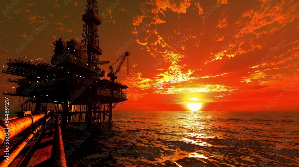 Illuminated Energy Extraction Rig at Sunset with Advanced Subsea Production Technology in Ocean Atmosphere - Ideal for Oil Exploration Concepts Illuminated Energy Extraction Rig at Sunset with Advanced Subsea Production Technology in Ocean Atmosphere - Ideal for Oil Exploration Concepts