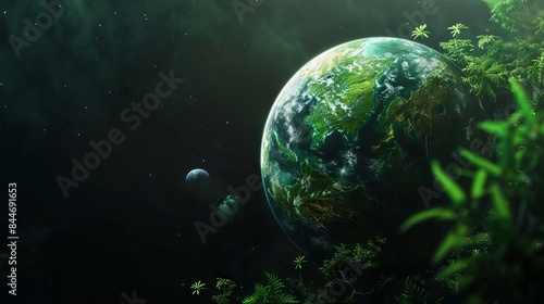 3D rendering of Earth showing thriving green forests with visual effects symbolizing CO2 absorption, dramatically presented on a black studio background. © Artem