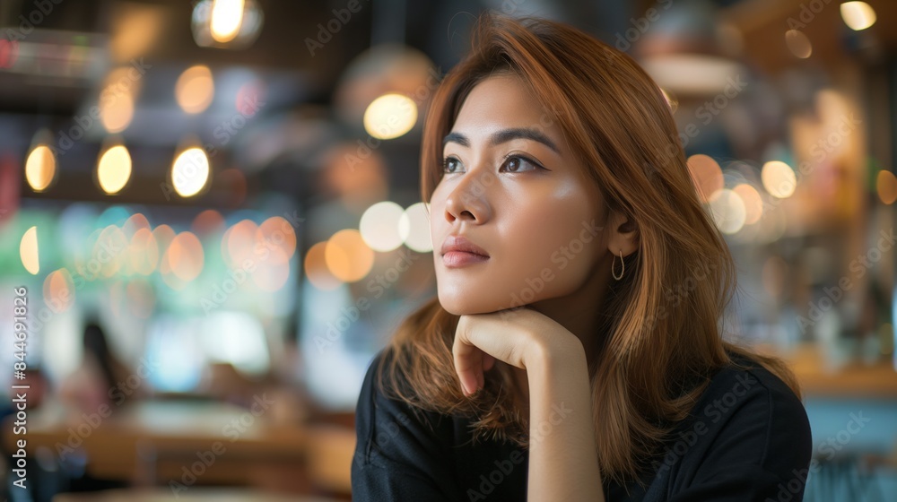 Young woman thinking considering worrying space out brown hair Asian female in black shirt chin rest on hand blurred coffee shop cafe background Young woman thinking considering worrying space out brown hair Asian female in black shirt chin rest on hand blurred coffee shop cafe background