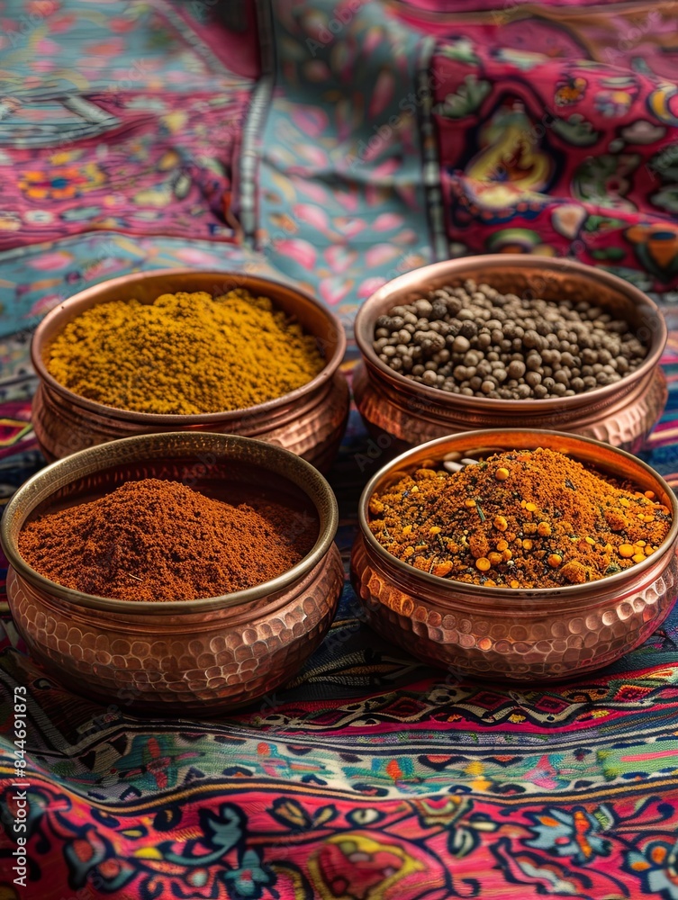 Fototapeta premium A close-up shot of four copper bowls filled with traditional Indian spices, including turmeric, cumin, coriander, and garam masala, arranged on a vibrant, patterned fabric background. Generative AI
