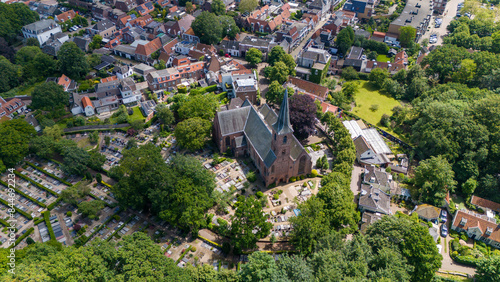Aerial drone photo of the town centre and church in Wassenaar, the Netherlands