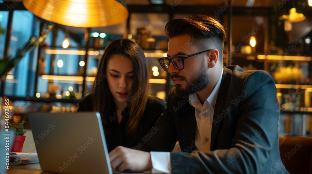 Businessman talking discuss meeting with businesswoman secretary staff at laptop coffee shop cafe background Caucasian male in suit eyeglasses spectacles long hair female in black shirt Businessman talking discuss meeting with businesswoman secretary staff at laptop coffee shop cafe background Caucasian male in suit eyeglasses spectacles long hair female in black shirt