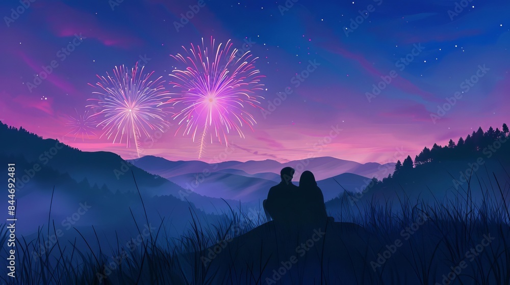 A couple watching a fireworks show from a cozy spot on a hill, Romantic, Soft colors, Digital art, Scenic celebration A couple watching a fireworks show from a cozy spot on a hill, Romantic, Soft colors, Digital art, Scenic celebration
