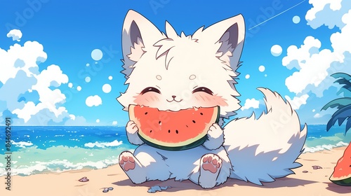 a cute white fox is sitting on a beach eating watermelon happily, cartoon illustration © Erin