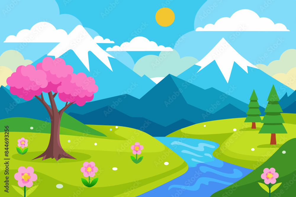 Obraz premium beautiful spring landscape vector illustration