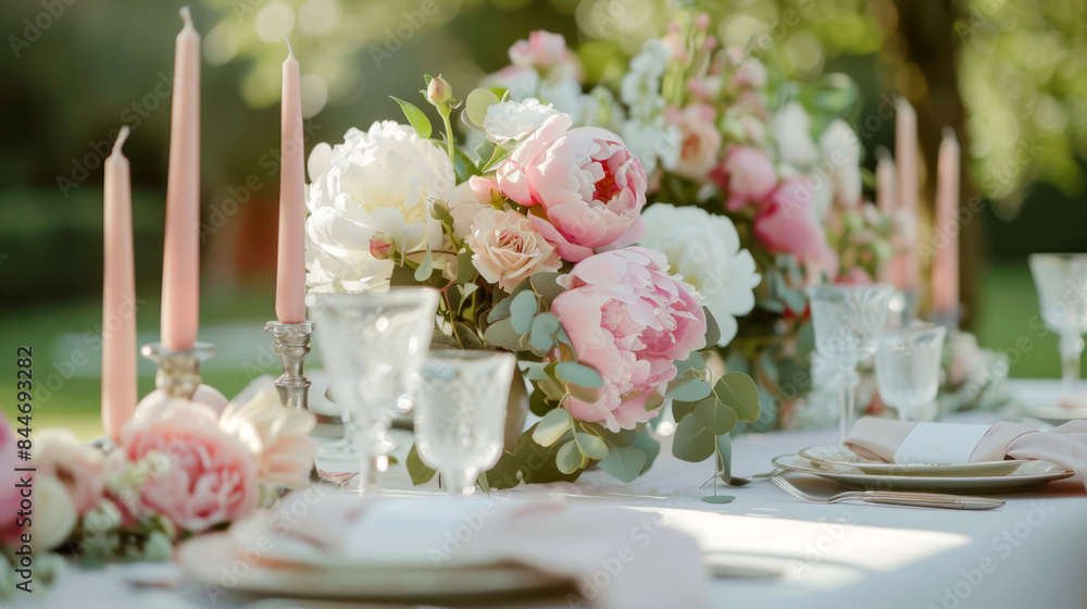 Beautifully set outdoor table with bouquets of peonies flowers in vases, candles, luxury tableware and golden cutlery Beautifully set outdoor table with bouquets of peonies flowers in vases, candles, luxury tableware and golden cutlery