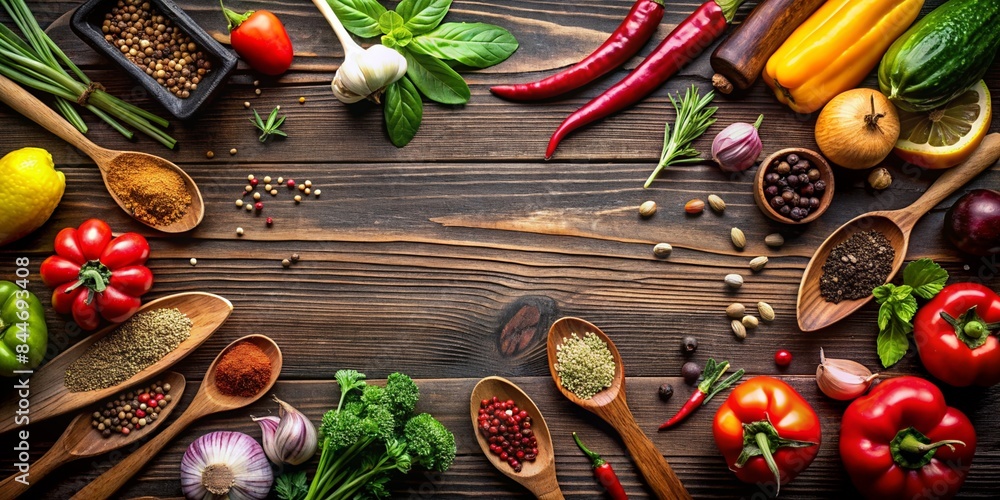 Fresh Ingredients and Spices on Rustic Wooden Table Fresh Ingredients and Spices on Rustic Wooden Table