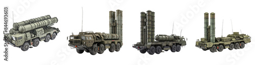S-400 missile system isolated on transparent png background. Four military vehicles are shown in a row, with the first one being a large tank