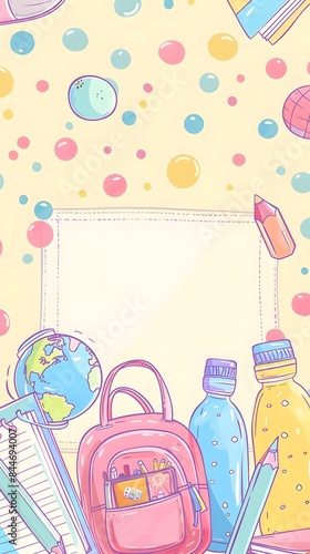 Colorful School Supplies and Backpack on Polka Dot Background