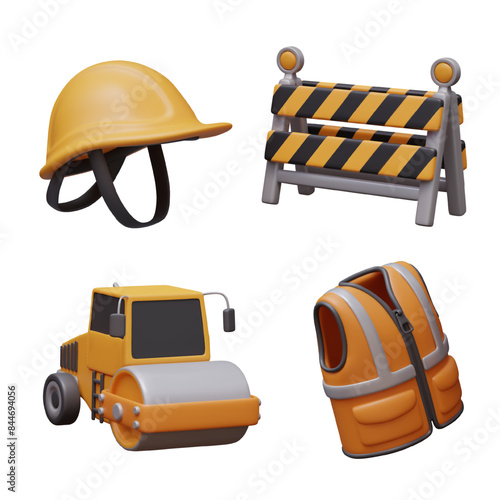 Yellow hard hat, mobile barricade, road roller, orange vest