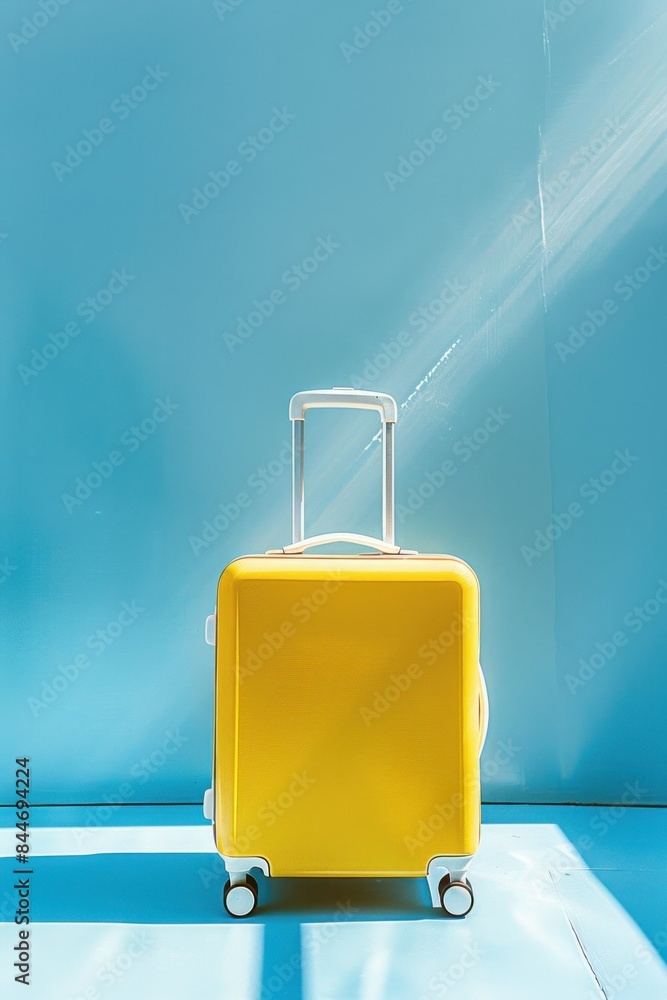Obraz premium Travel essentials a bright yellow suitcase on blue surface under a shining light spotlight