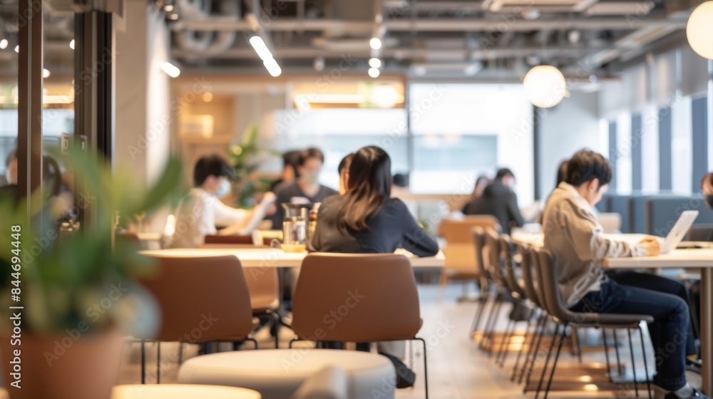 The blurred background of a shared workspace reveals a scene of tranquility as individuals and small groups are engrossed in their work surrounded by muted colors and soft lighting. . The blurred background of a shared workspace reveals a scene of tranquility as individuals and small groups are engrossed in their work surrounded by muted colors and soft lighting. .